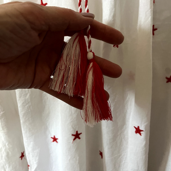 Unbranded Blouse Tunic Balloon Sleeve White Red Star Print Tassel Tie Boho L - Picture 6 of 6